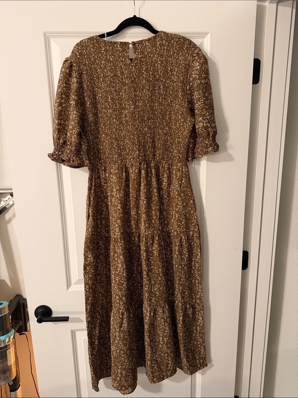 Smocked Bodice Brown Floral Midi Dress with Puff Sleeves - Picture 2 of 2